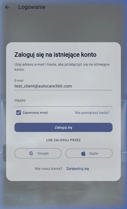 Ekran logowania AutoCare360
